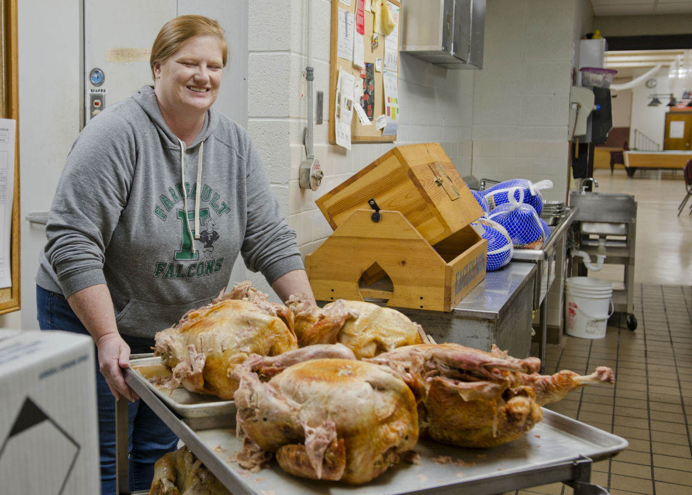 Wheeling turkeys into fridge